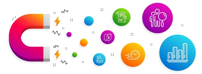 Magnet attracting. Accounting report, Fast delivery and Report icons simple set. Like, Search people and Graph chart signs. Financial case, Stopwatch. Business set. Line accounting report icon. Vector