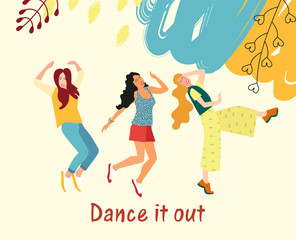 Dancing for girls. Young girls dance and move to the music at a party, festival or carnival. Joyful emotions. Vector illustration