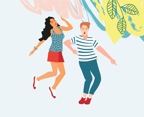 Dancing young people. A man and a woman dance and move to the music at a party, festival or carnival. Joyful emotions. Vector illustration