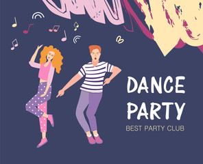 Obraz na płótnie Canvas Advertising banner night party. Dancing young people at a party, men and women moving to the music. Joyful emotions. Vector illustration