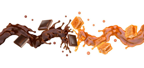 Liquid sweet melted chocolate and caramel waves mix, sauce swirl splash with toffees candies, choco bars. Yummy caramel and chocolate label template. Ad label banner design. 3D render