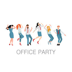 Managers dance at an office party. Corporate events or a holiday in the office, people in office clothes. Vector illustration