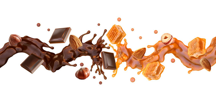 Liquid dark chocolate, sweet caramel sauce swirls splashes twisted, toffees, almonds and hazelnuts. Сombination of caramel, toffees, chocolate and hazelnuts almonds flavors. Label design element. 3D