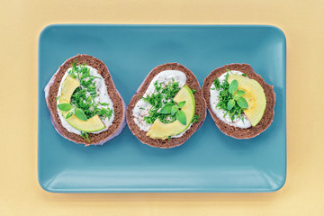 Sandwiches with avocado, sour cream and greens on a blue plate, yellow background, top view