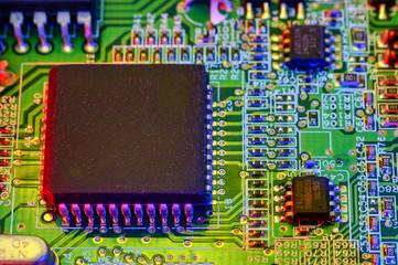 Electronic board design, Motherboard digital chip. Tech science background.