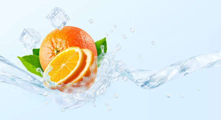 Fototapeta na wymiar Fresh cold pure flavored water with orange wave splash. Clean orange fruit infused water or liquid fluid wave splash. Healthy flavored detox drink swirl concept with orange slice. 3D