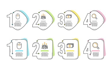 Salary employees, Computer mouse and Banking icons simple set. Research sign. People earnings, Pc equipment, Money payment. Magnifying glass. Business set. Infographic timeline. Vector