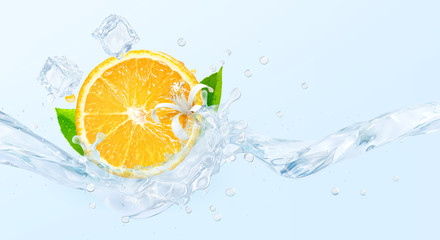 Fresh cold pure flavored water with orange wave splash. Clean orange fruit infused water or liquid fluid wave splash. Healthy flavored detox drink swirl concept with orange slice. 3D