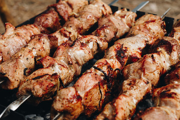 Closeup of some meat skewers being grilled in a barbecue