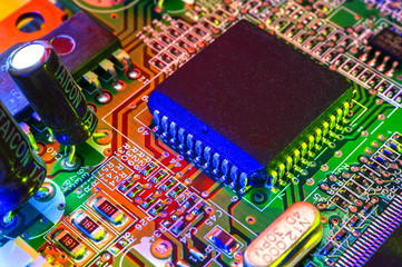 Electronic board design, Motherboard digital chip. Tech science background.