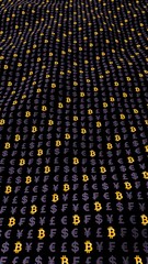 Fototapeta premium Bitcoin and currency on a dark background. Digital crypto currency symbol. Wave effect, currency market fluctuations. Business concept. 3D illustration