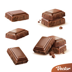 3d realistic isolated vector icon set, pieces of milk or dark chocolate with crumbs, movable