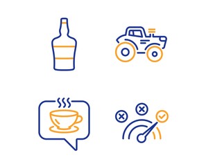 Scotch bottle, Coffee and Tractor icons simple set. Correct answer sign. Brandy alcohol, Cafe, Farm transport. Speed symbol. Business set. Linear scotch bottle icon. Colorful design set. Vector