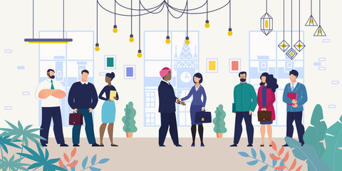 Business Meeting for Negotiations with Foreign Partner or Investor Flat Vector Concept with Businesswoman, Company Female Leader Shaking Hands with Indian Businessman in Dastaar or Turban Illustration - obrazy, fototapety, plakaty