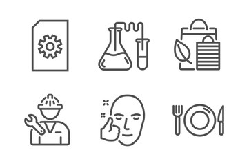 Chemistry lab, Repairman and Bio shopping icons simple set. File management, Healthy face and Food signs. Medical laboratory, Repair service. Business set. Line chemistry lab icon. Editable stroke