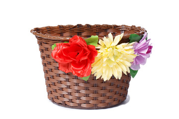 Wicker bicycle basket isolated on white background.