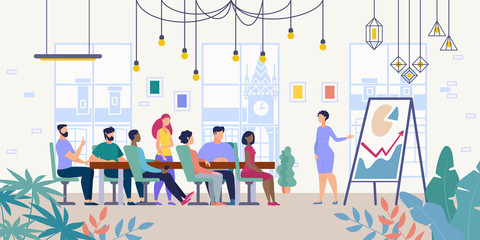 Business Project Presentation, Company Financial Strategy Planning Flat Vector Concept with Female Leader Showing Infographics on Flipchart for Company Employees in Office Meeting Room Illustration