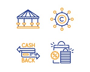 Carousels, Cashback card and Copywriting network icons simple set. Shopping bags sign. Attraction park, Money payment, Content networking. Sale discount. Business set. Linear carousels icon. Vector