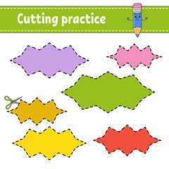 Cutting practice for kids. Education developing worksheet. Activity page with pictures. Game for children. Isolated vector illustration. Funny character. Cartoon style.