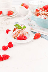Traditional Italian Dessert with Raspberry Berries , cocoa, coffee and cheese masakropone. Tirmisu for homemade breakfast. Free space for text.