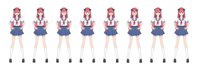 Anime manga schoolgirl in sailor suit, blue skirt