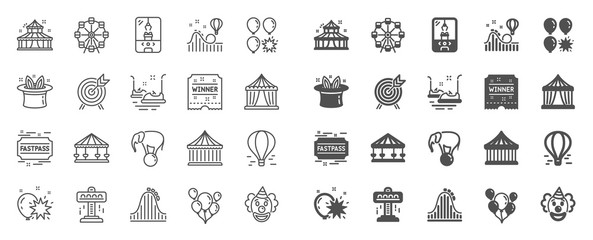 Amusement park line icons. Set of Carousel, Roller coaster and Circus icons. Air balloon, Crane claw machine and Fastpass symbols. Circus amusement park tickets. Ferris wheel carousel. Vector - obrazy, fototapety, plakaty