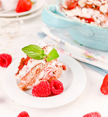 Traditional Italian Dessert with Raspberry Berries , cocoa, coffee and cheese masakropone. Tirmisu for homemade breakfast. Free space for text.