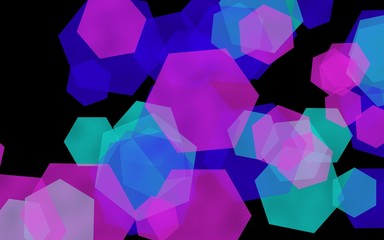 Multicolored translucent hexagons on dark background. Pink tones. 3D illustration