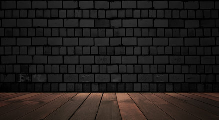 Background of empty dark scene with wooden old floor and brick wall. Neon light smoke. Dark abstract background