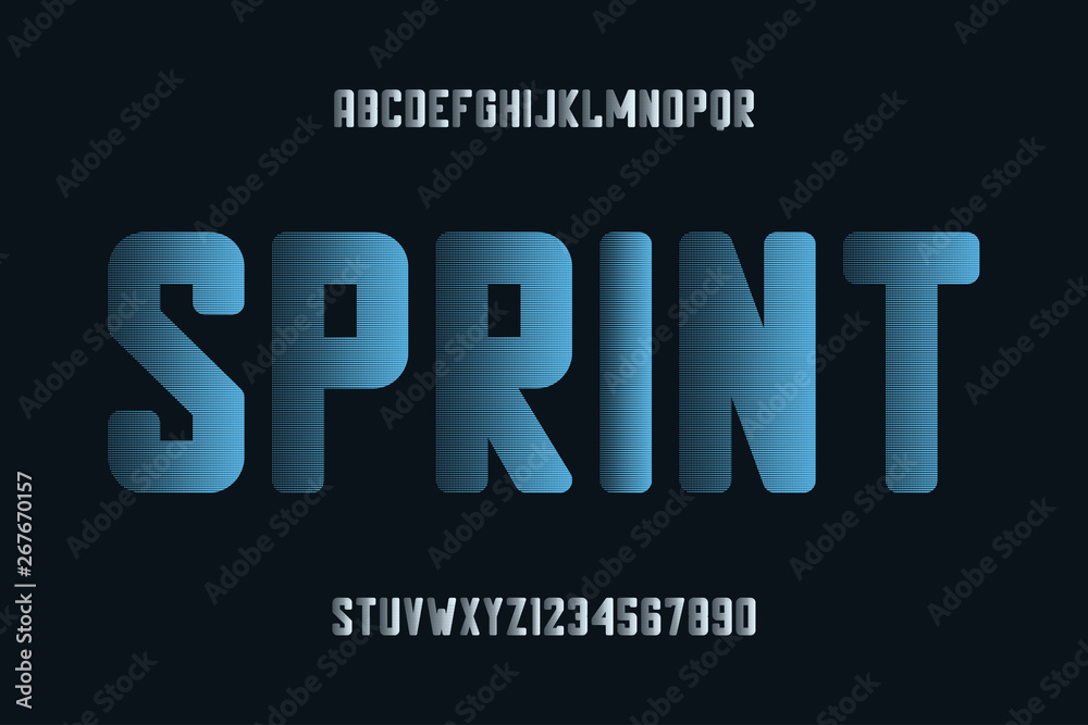 Poster Font design of Speed style. Alphabet and numbers with halftone effect. Modern dynamic typeface. Vector illustration.