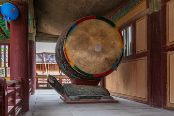 Naklejka premium Detail view on a traditional drum, barrel in the Korean Buddhist Bulguksa Temple. Located in Gyeongju, South Korea, Asia.