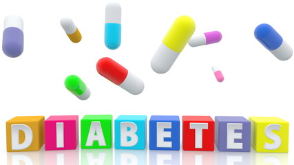 Diabetes concept on colorful cubes with pills on white