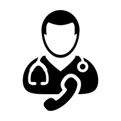 Medical icon vector male doctor person profile avatar symbol with stethoscope and phone for medical health care consultation in glyph pictogram illustration