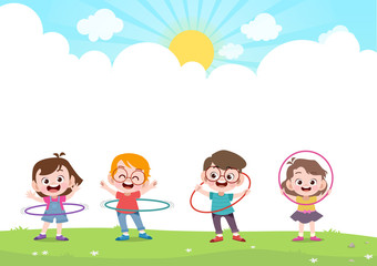 happy kids playing hulahoop vector illustration