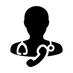 Naklejka na ściany i meble Ask a doctor icon vector male person profile avatar symbol with stethoscope and phone for medical health care consultation in glyph pictogram illustration