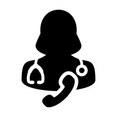 Doctor consultation icon vector female person profile avatar with stethoscope and phone for medical health care consultation in glyph pictogram illustration