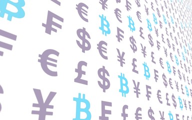 Bitcoin and currency on a white background. Digital crypto currency symbol. Business concept. Market Display. 3D illustration