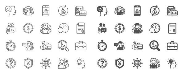 Business user line icons. Group, Profile and Teamwork icons. Portfolio, Timer and Security shield symbols. Business analytic, human management, user group. Person profile, teamwork support. Vector