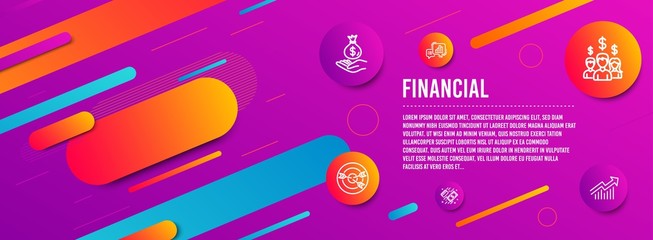 Header banner. Targeting, Salary employees and Income money icons simple set. Graph chart, Payment and Demand curve signs. Target with arrows, People earnings. Finance set. Line targeting icon