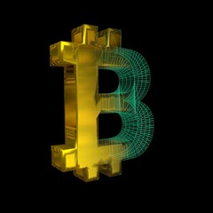 Bitcoin sign, the green grid turns into gold on a black background. 3D illustration
