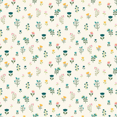 Summer flowers on white background, spring floral seamless vector pattern
