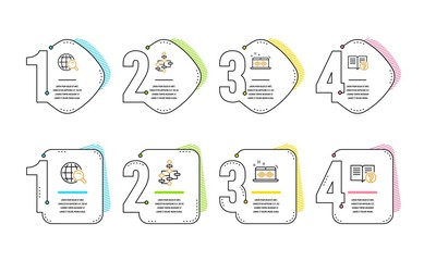 Block diagram, Music making and Internet search icons simple set. Help sign. Algorithm path, Dj app, Web finder. Documentation. Education set. Infographic timeline. Line block diagram icon. Vector