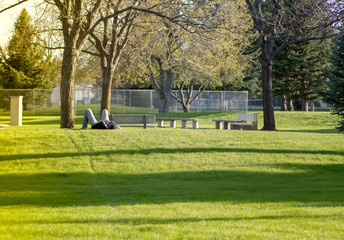 A man lying on green meadow in a sunny day and relaxing. Copy space.