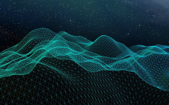 Abstract landscape on a dark background. Cyberspace grid. hi tech network. Outer space. Starry outer space texture. 3D illustration © Plastic man
