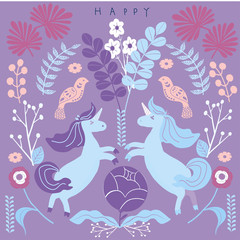 Cute magic Unicorns on a floral background.  Romantic hand drawing illustration