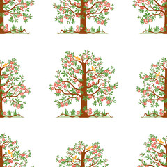 Seamless pattern of apple trees with ripe apples
