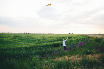 Fototapeta premium a running boy with a kite on the lavender and lupine filed.