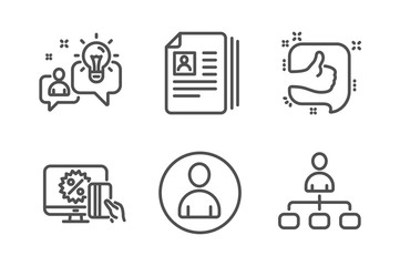 Idea, Cv documents and Avatar icons simple set. Like, Online shopping and Management signs. Solution, Portfolio files. People set. Line idea icon. Editable stroke. Vector