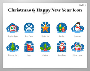 Christmas and happy new year icons flat pack