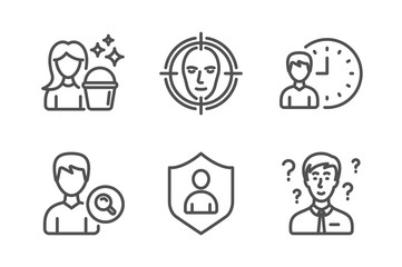 Search people, Face detect and Working hours icons simple set. Security, Cleaning and Support consultant signs. Find profile, Select target. People set. Line search people icon. Editable stroke